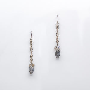 Earrings, each made of a single silver chain with a marquise shaped labradorite stone hanging at the end.